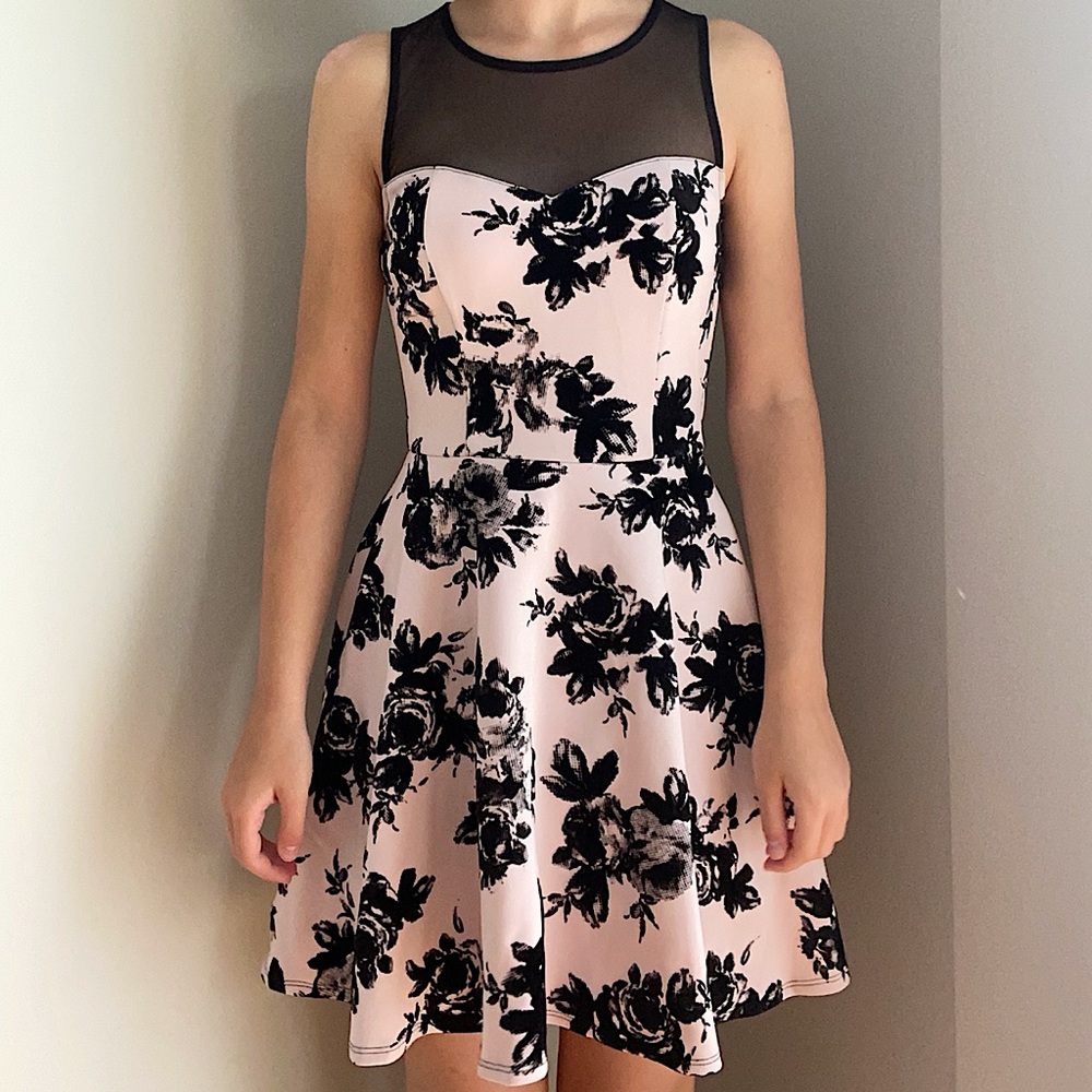 Trixxi Light Pink with Black Roses Short Dress